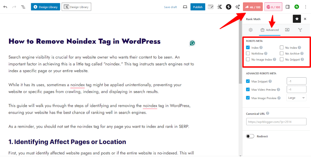 WordPress editor showing Rank math SEO toolbar