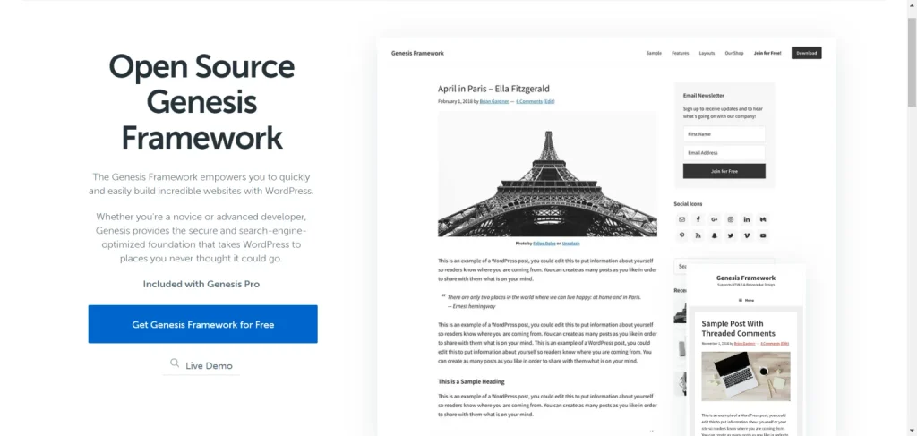 Genesis Framework homepage featuring a minimalist WordPress theme layout and Eiffel Tower blog post example.