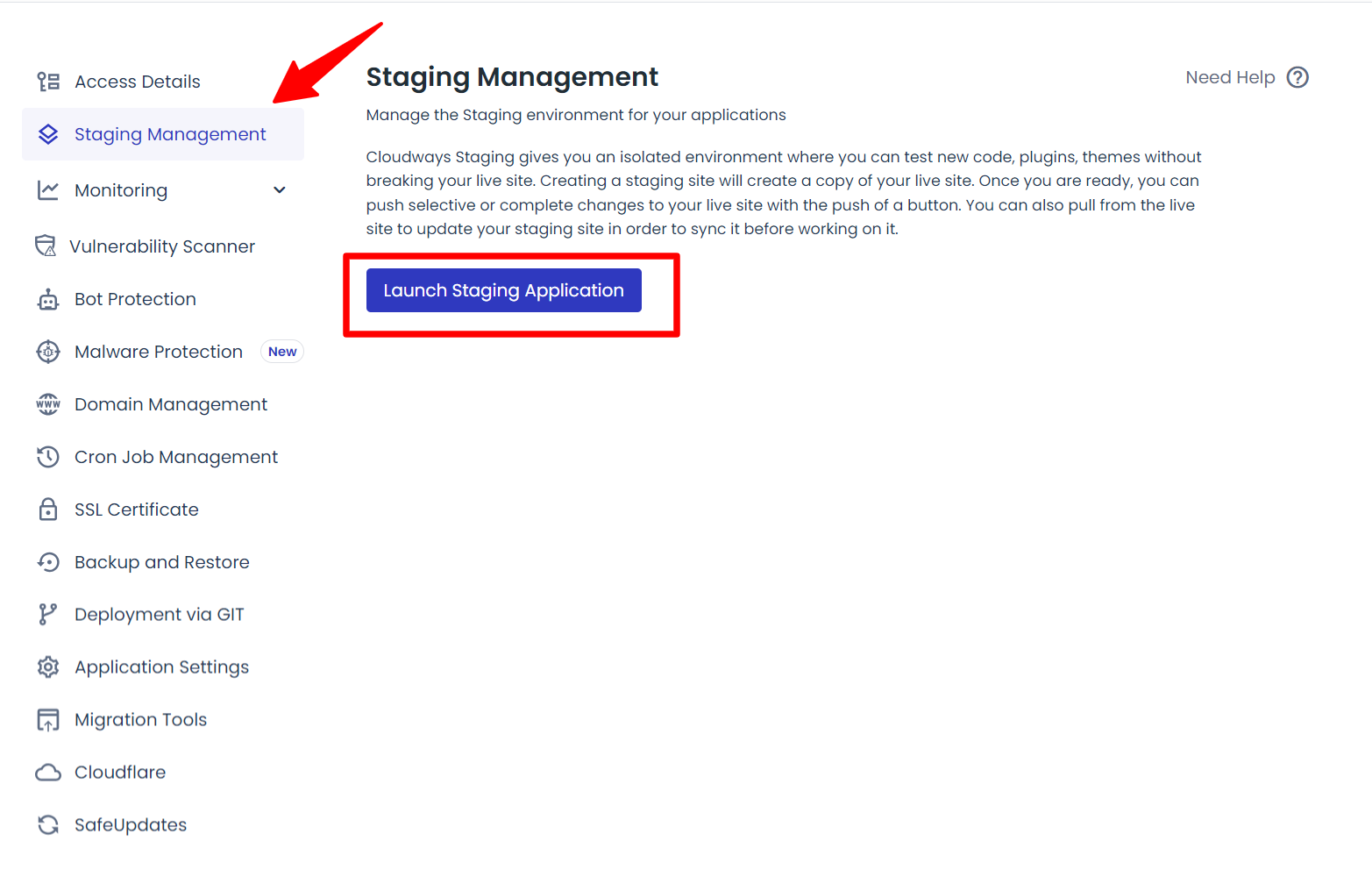 Cloudways staging managements - setup button