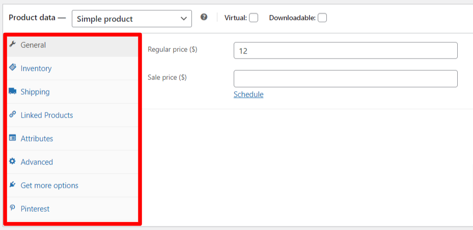 Products type setting options