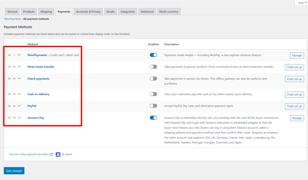 WooCommerce Default Payment setting page