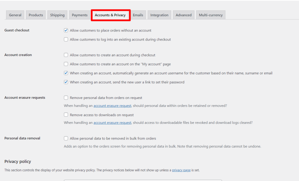 WooCommerce default setting for account and Privacy setting