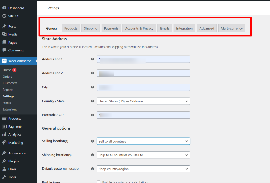 WooCommerce default settings page