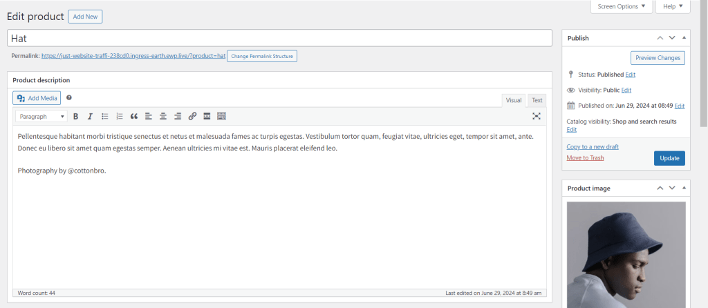 WooCommerce editor interface with products examples