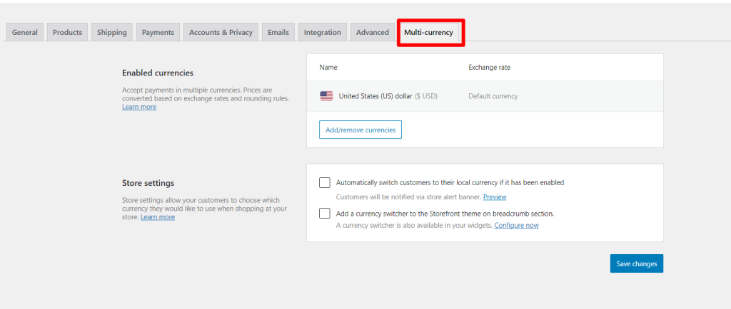 WooCommerce multiple currency tab settings