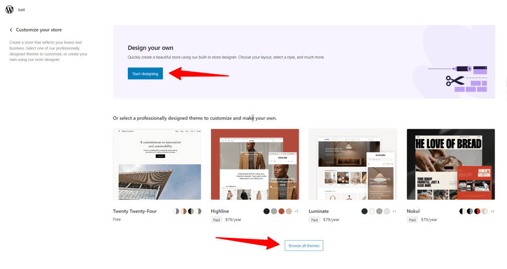 WooCommerce themes selection page