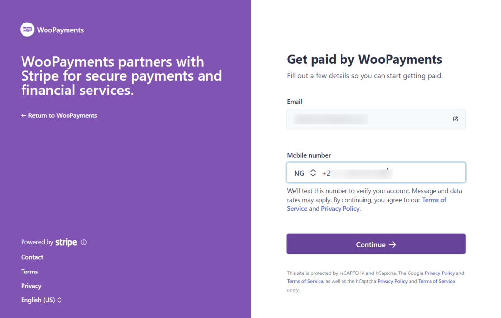 WooPayments mobile number verification step