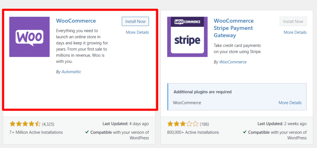 WooCommerce WordPress plugin page in WordPress
