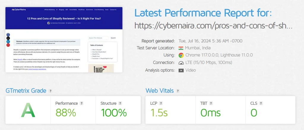 Latest Performance Report for https cybernaira com pros and cons of shopify GTmetrix GTmetrix performance report