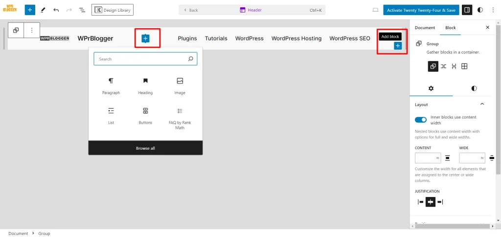Block editor sign in the headers section Block editor + sign in Twenty Twenty Four header template.