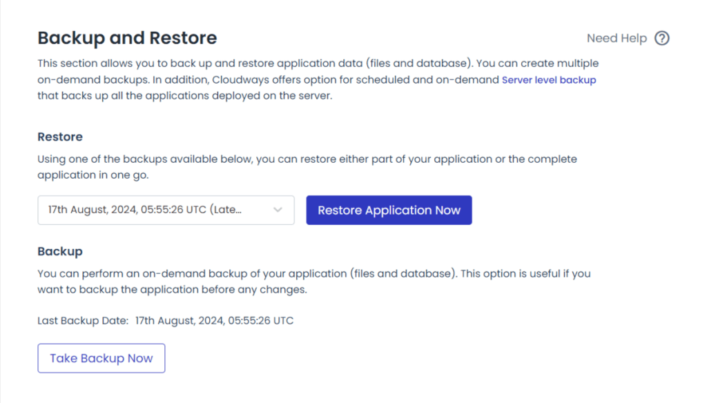 Cloudways backup and restore feature