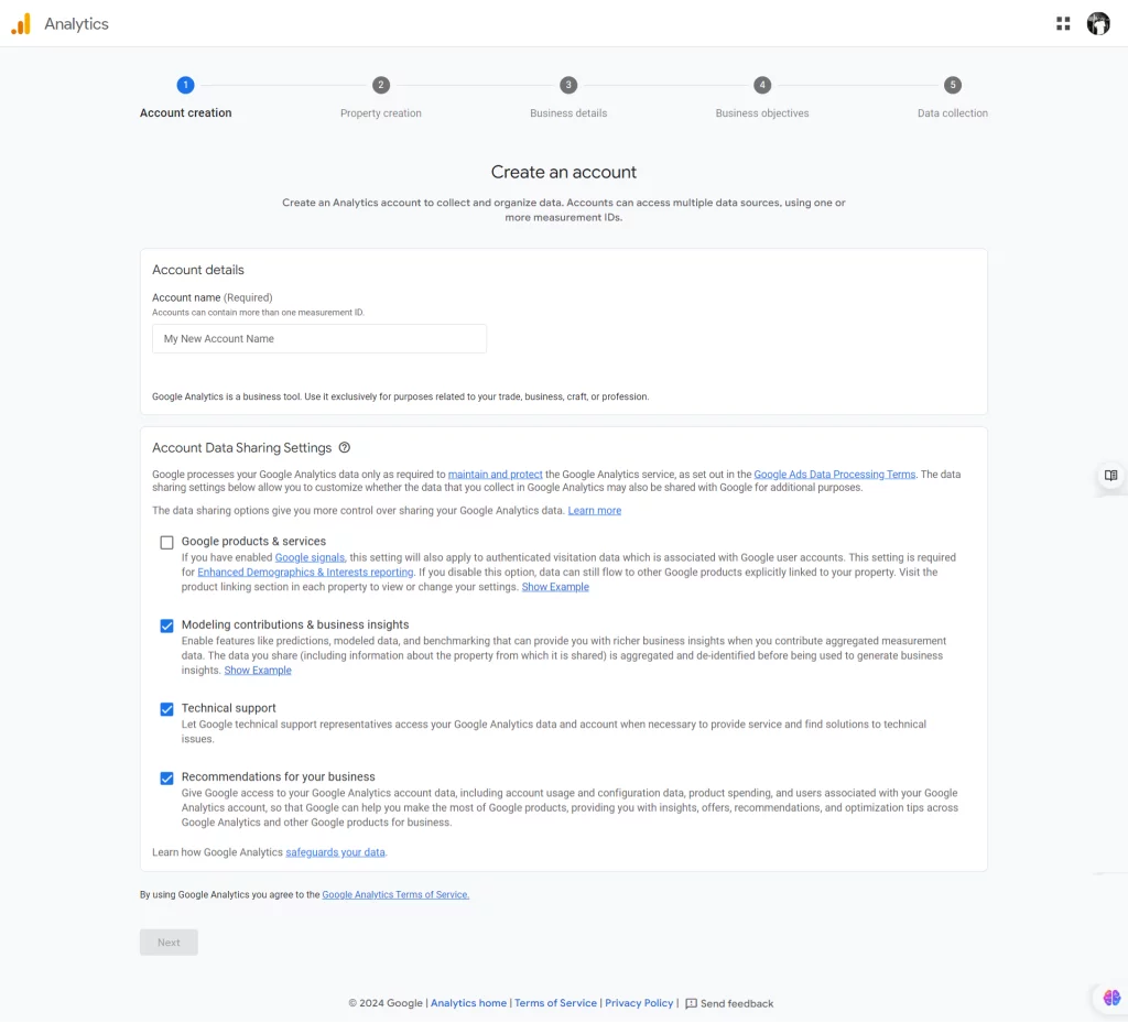 Google Analytics Account creating page Google Analytics Account creating page