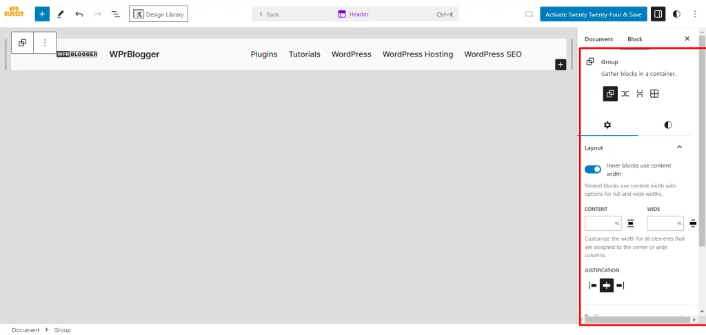 Header setting in Twenty Twenty Four theme Header sidebar setting in Twenty Twenty Four theme