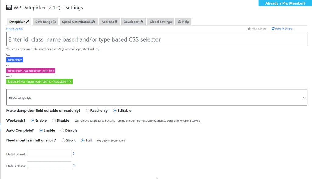 WP Date Picker plugin interface