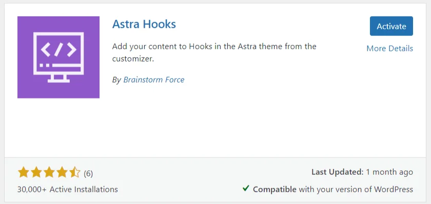 image 3 The Astra Hook plugin page in WordPress