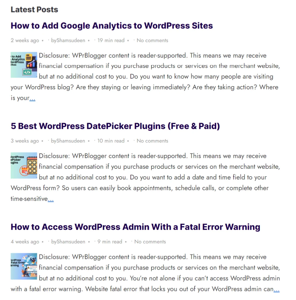 Example of recent post using the WordPress Relevant plugin