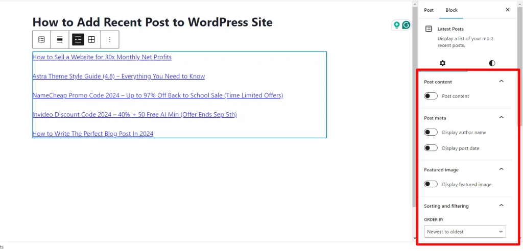 Latest Post Block setting in WordPress