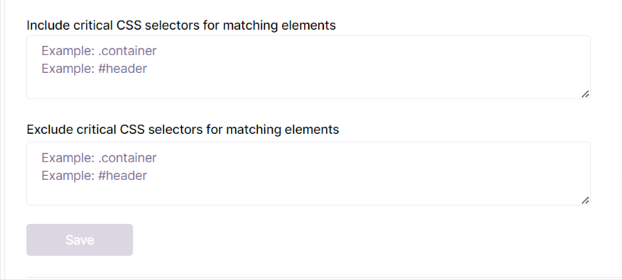 NitroPack CSS selector include or exclude settings