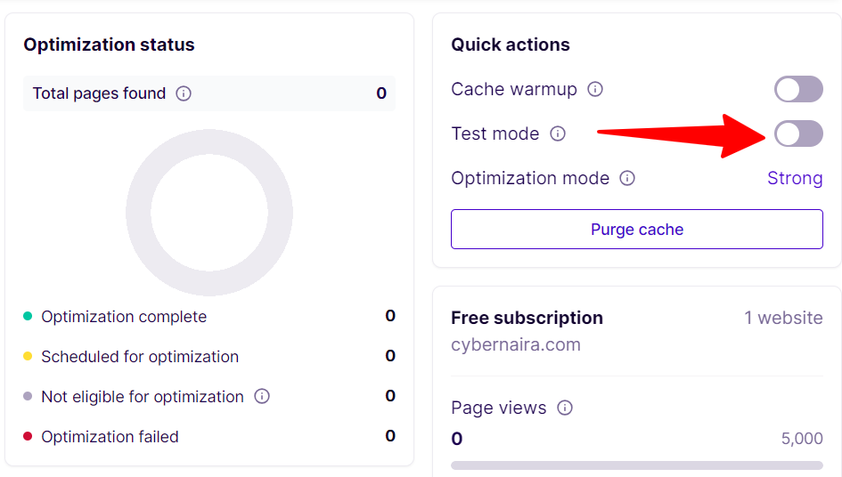 NitroPack Test Mode option