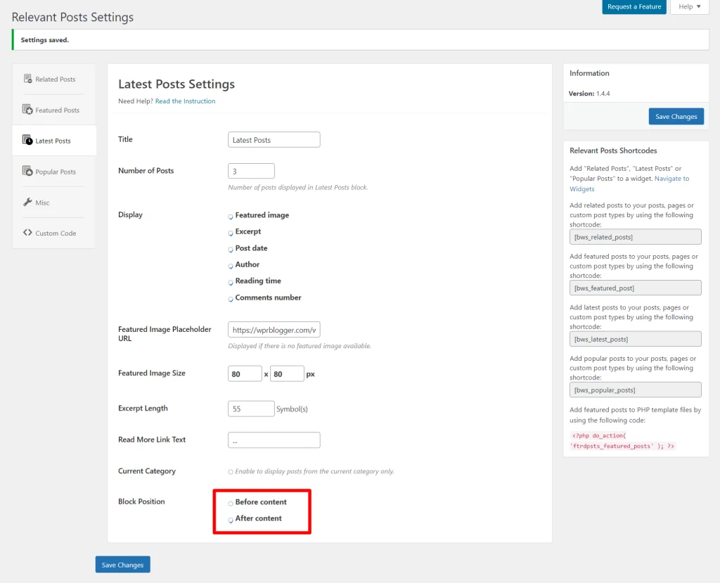Relevant Plugin setting page