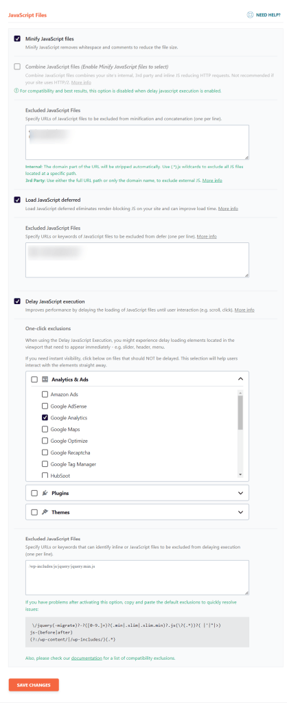 WP-Rocket- JS files setting page