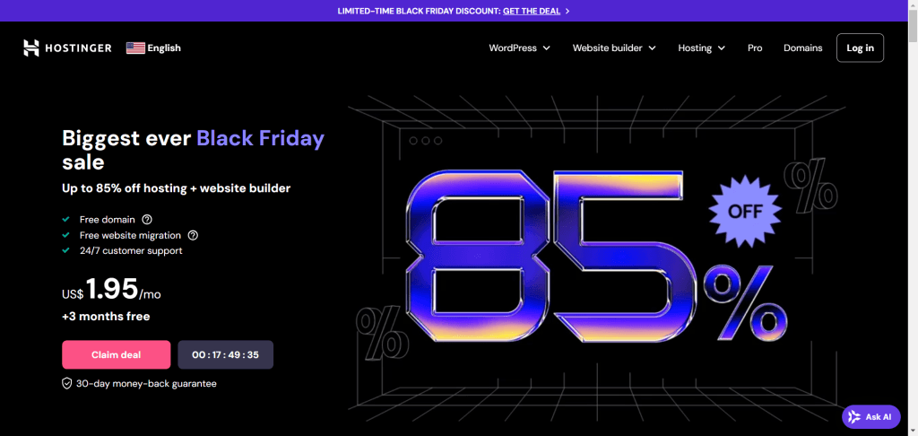 Hostinger Black Friday deals landing page 2024 - up to 85%