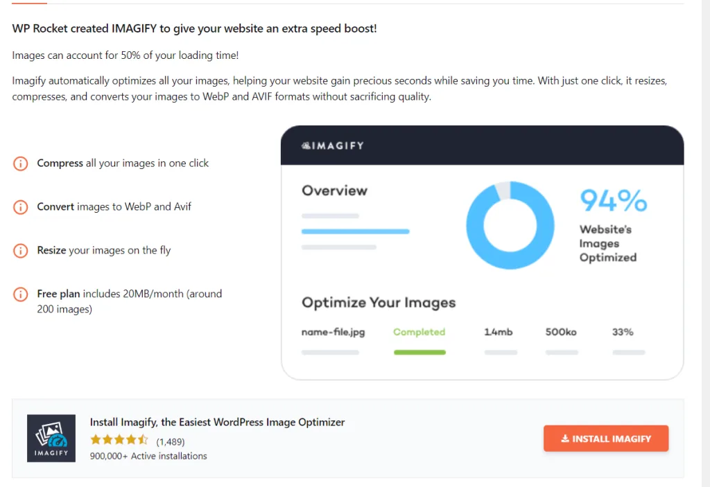 WP Rocket - image optimization tab - Imagify plugin promotion
