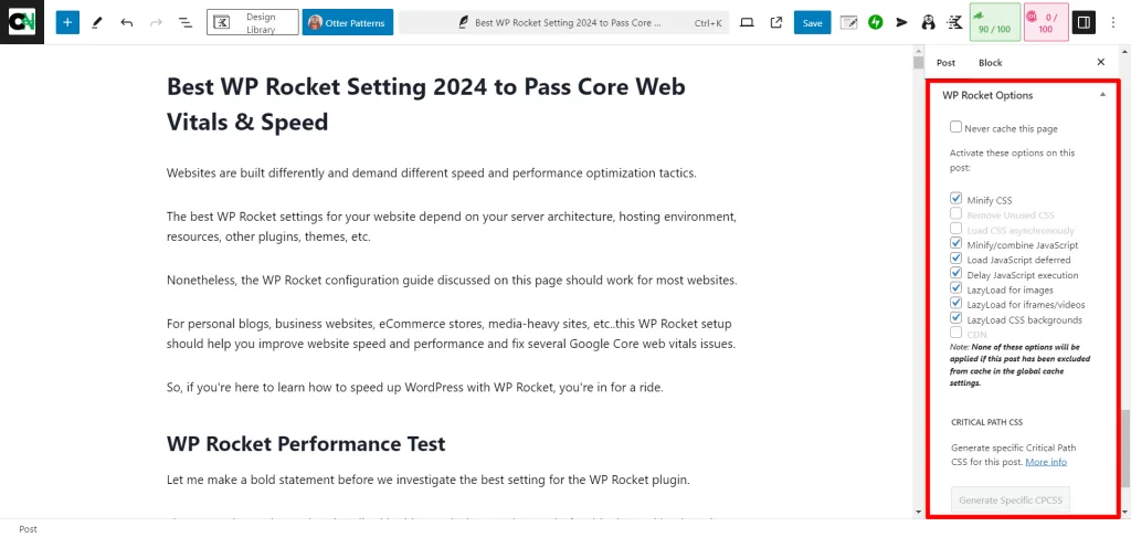 WP Rocket meta box setting in Gutenberg editor