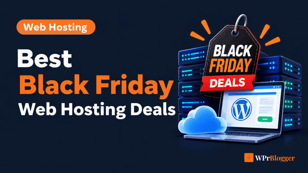 Best Black Friday web hosting deals featured image with server racks, a WordPress website on a laptop, and a Black Friday discount tag.