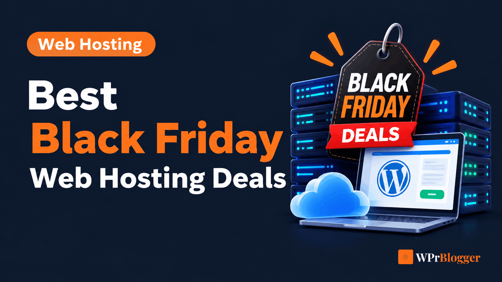 Best Black Friday web hosting deals featured image with server racks, a WordPress website on a laptop, and a Black Friday discount tag.