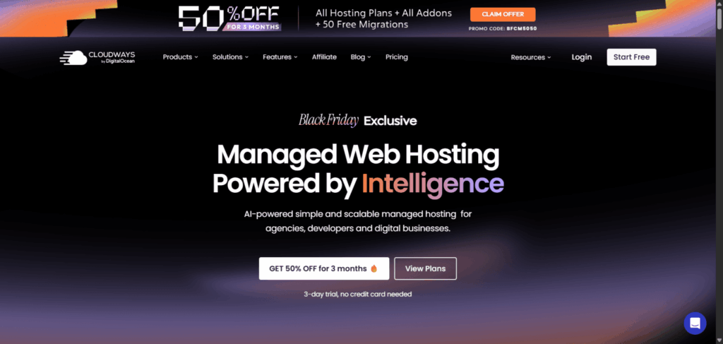 cloudways black friday hosting deal Cloudways Black Friday hosting deal offering 50% off for three months, free website migrations, and AI powered managed web hosting.