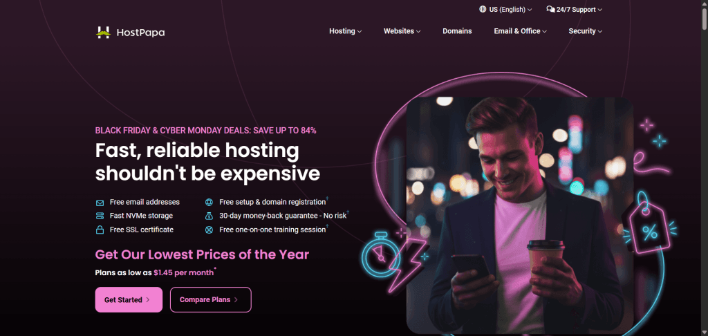 hostpapa black friday hosting deals HostPapa Black Friday and Cyber Monday hosting deals offering up to 84% off web hosting plans, with free SSL, email addresses, and domain registration.