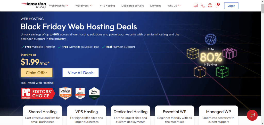 inmotion hosting black friday deals InMotion Hosting Black Friday web hosting deals page advertising up to 80% savings on shared hosting, VPS hosting, dedicated hosting, and managed WordPress hosting.
