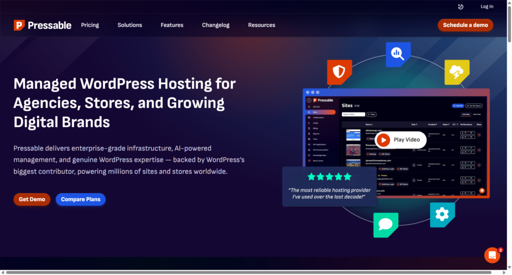 pressable managed wordpress hosting Pressable managed WordPress hosting dashboard showcasing website management, enterprise grade infrastructure, AI powered tools, security, and performance monitoring for businesses and agencies.