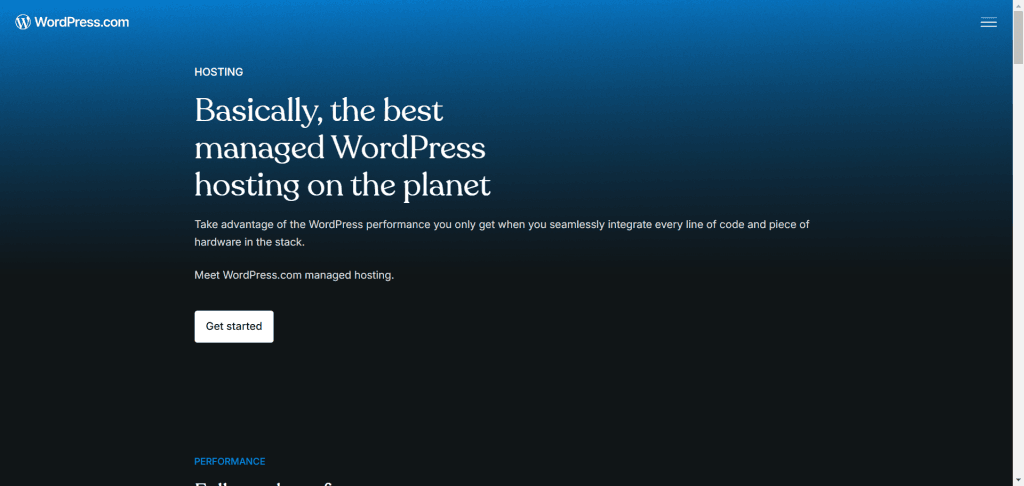 wordpress com managed hosting WordPress.com managed WordPress hosting landing page highlighting website performance, integrated code and hardware, and a simple hosting setup.