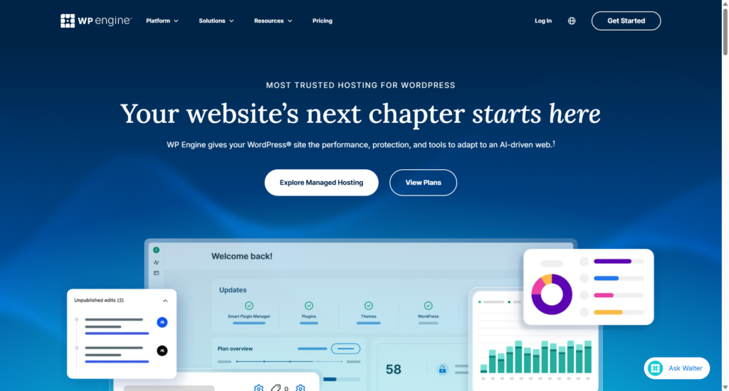wp engine managed wordpress hosting WP Engine managed WordPress hosting homepage featuring website performance analytics, plugin updates, security tools, and hosting management features.