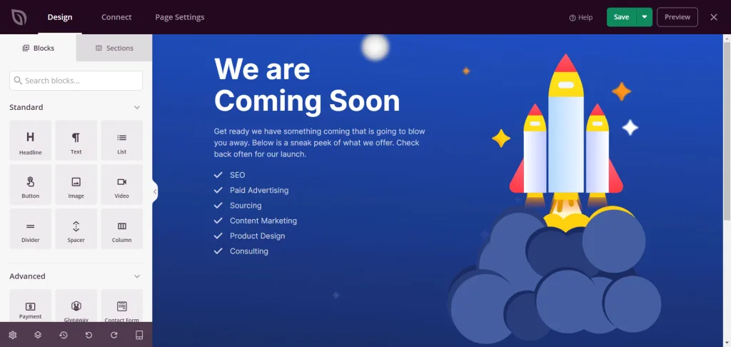 SeedProd Rocket Coming Soon page editor screen SeedProd Rocket Coming Soon page editor screen
