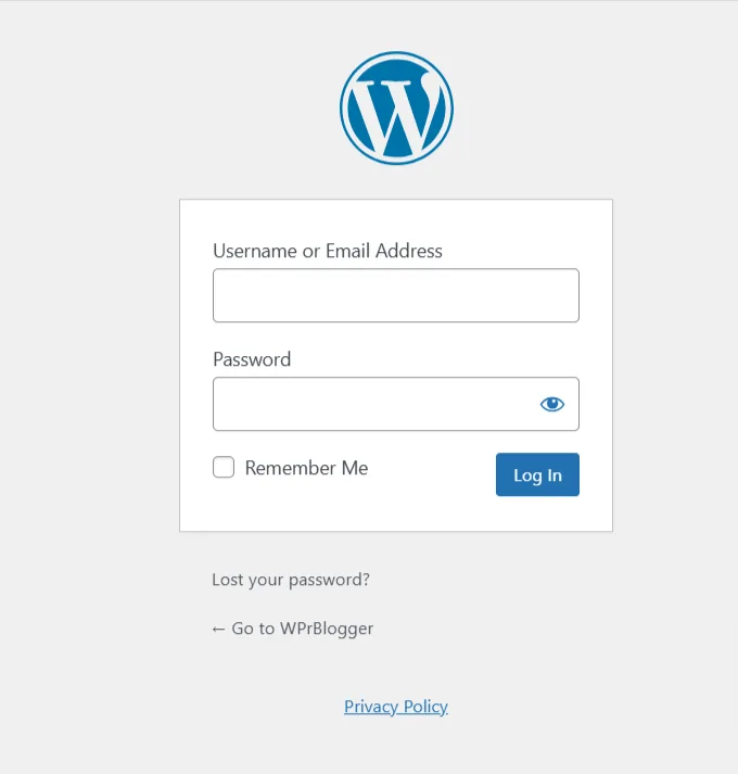 WordPress admin login page WordPress admin login page showing username/email and password fields with Remember Me checkbox and Log In button.