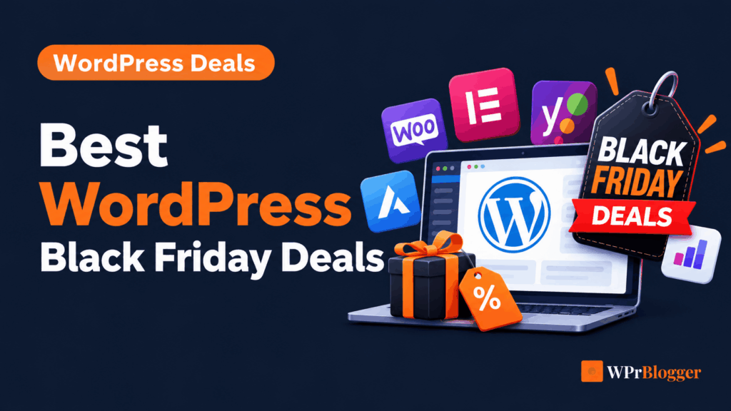best wordpress black friday deals Best WordPress Black Friday deals banner featuring WordPress, popular plugin icons, a gift box, and a Black Friday discount tag.