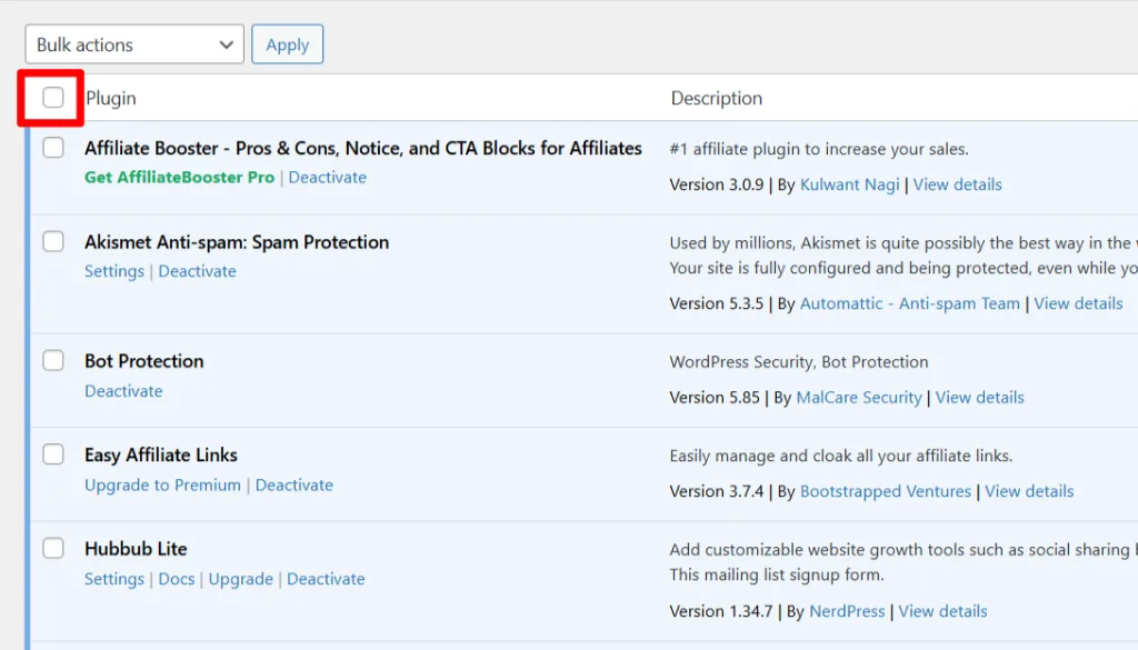 Checkbox for selecting plugin in WordPress dashboard Checkbox for selecting plugin in WordPress dashboard
