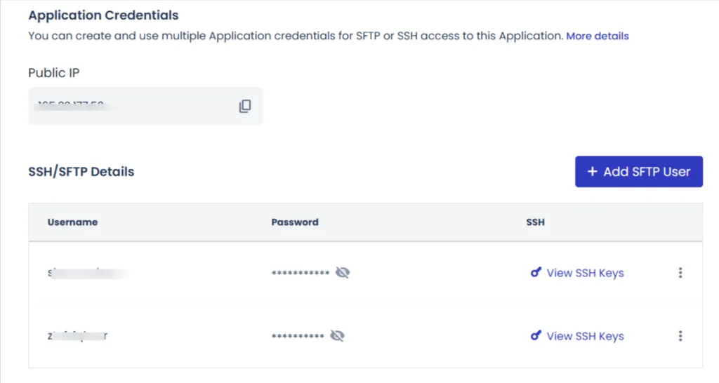 SFTP details SFTP credentials page in Cloudways hosting account
