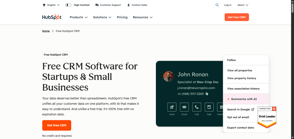 Hubspot CRM landing page