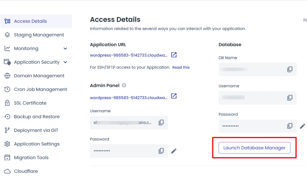 Cloudways hosting dashboard Launch database button Cloudways hosting dashboard - Launch database button