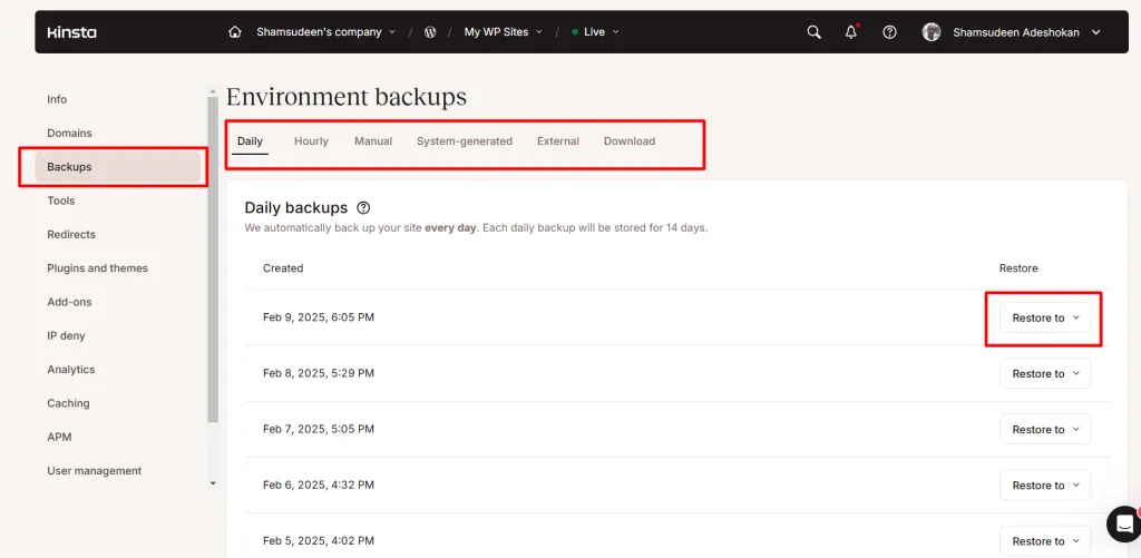 Kinsta Backup features in the dashboard Kinsta Backup features in the dashboard
