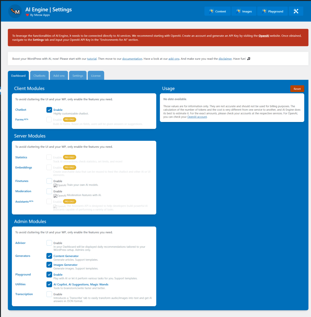 AI Engine WordPress plugin dashboard
