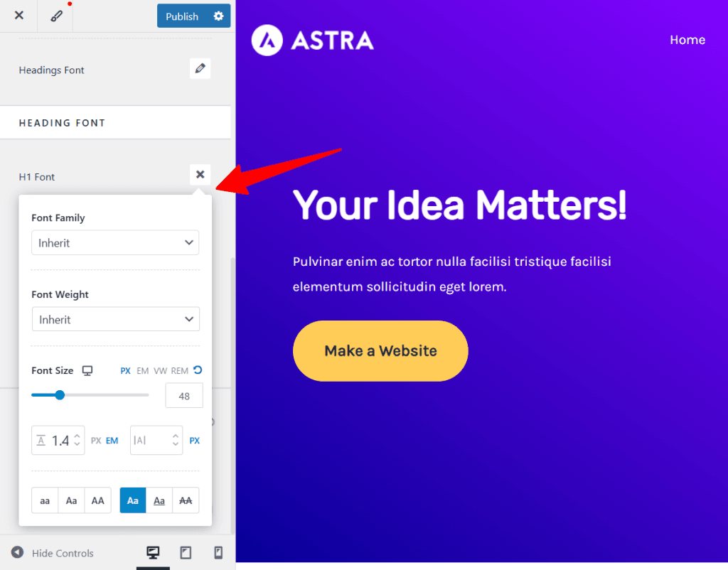 Astra Font heading customizer panel Astra Font heading customizer panel