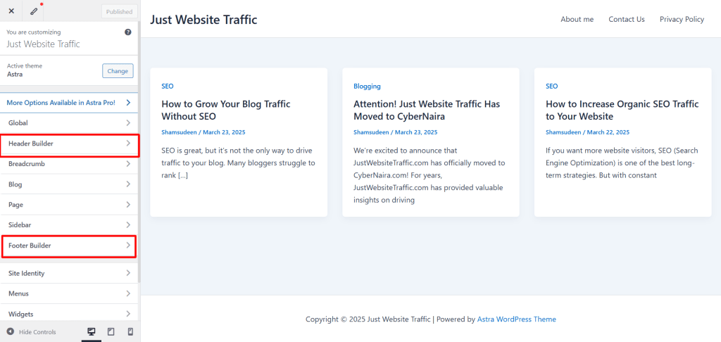 Astra Footer and header builder example