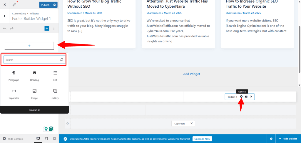 Astra Theme Footer adding block to Widget
