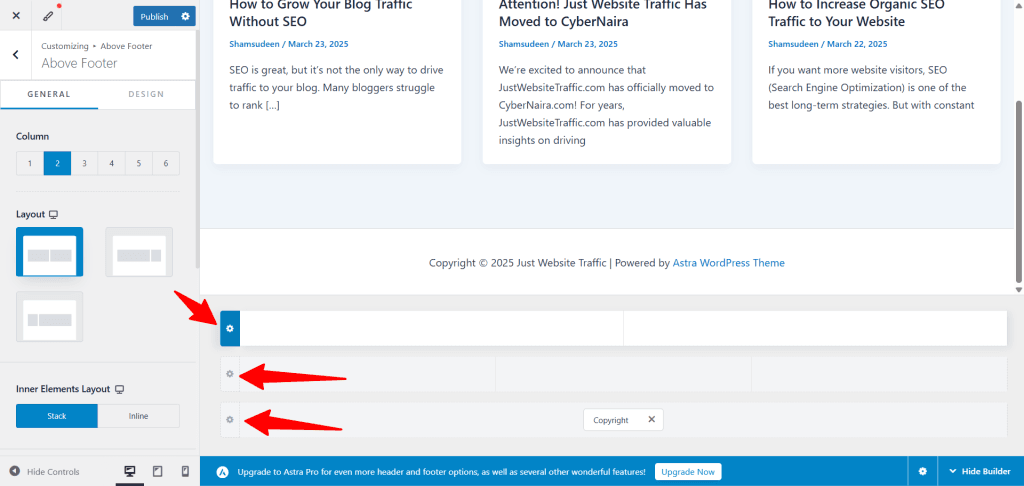 Astra theme Footer Builder setting icons
