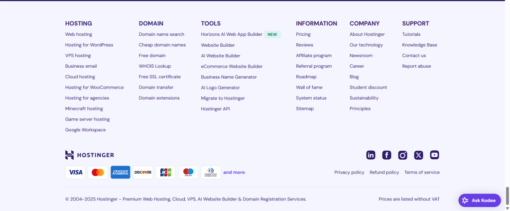 Hostinger Footer example